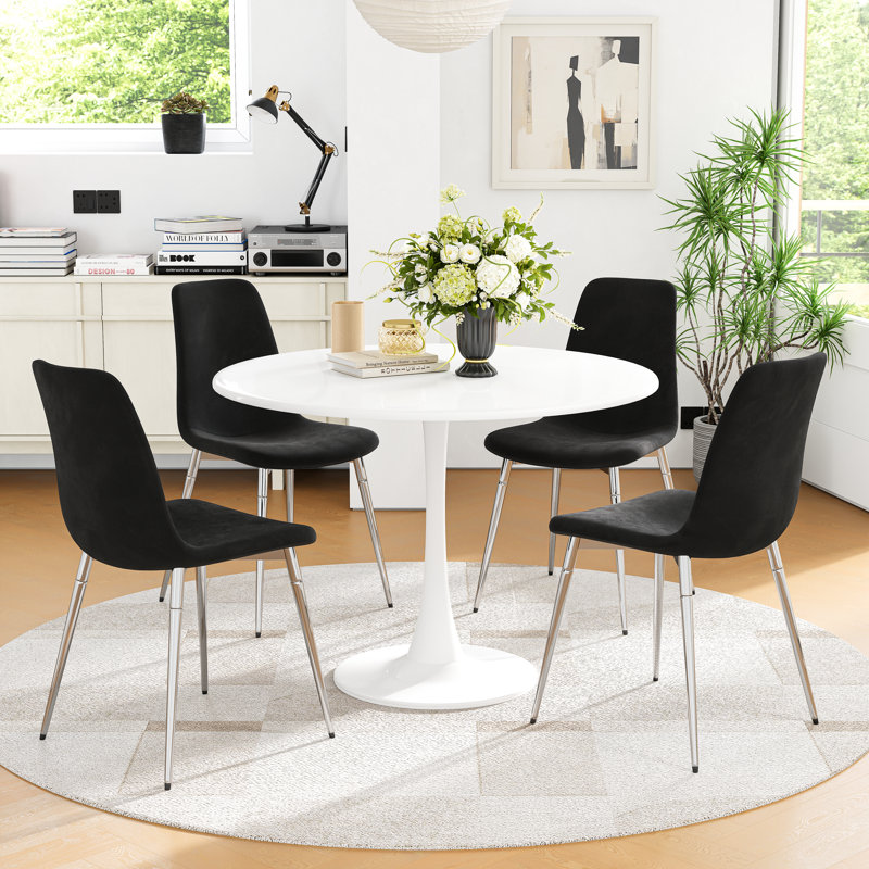 5-Piece Round Metal Pedestal Dining Table With 4 Dining Chairs, Black, Black/Silver