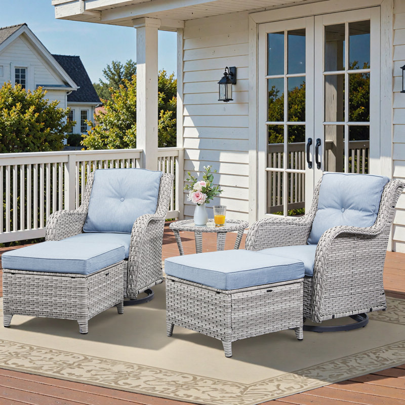 Ensemble de conversation avec chaises de patio en osier toutes saisons 5 pièces avec repose-pieds Bonia, Bleu clair
