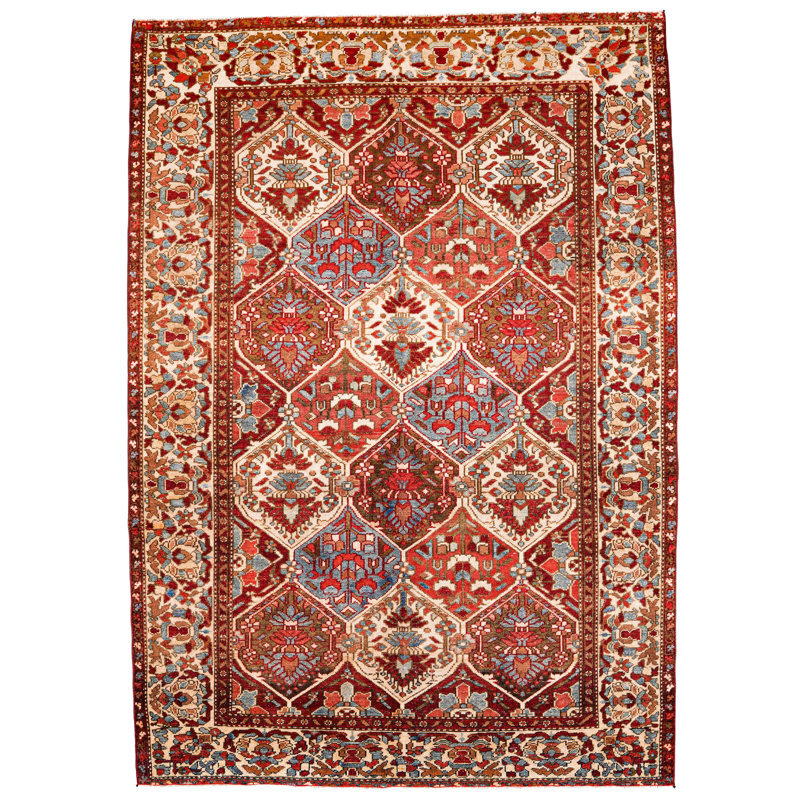 Tapis unique en laine rouge / beige 5 pi 1 po x 7 pi 4 po années 1990