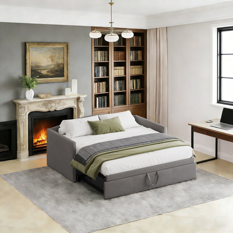 Upholstered Daybed with Trundle and Headboard for Small Spaces,Velvet Daybed with Backrest, Gray, Twin, Gray