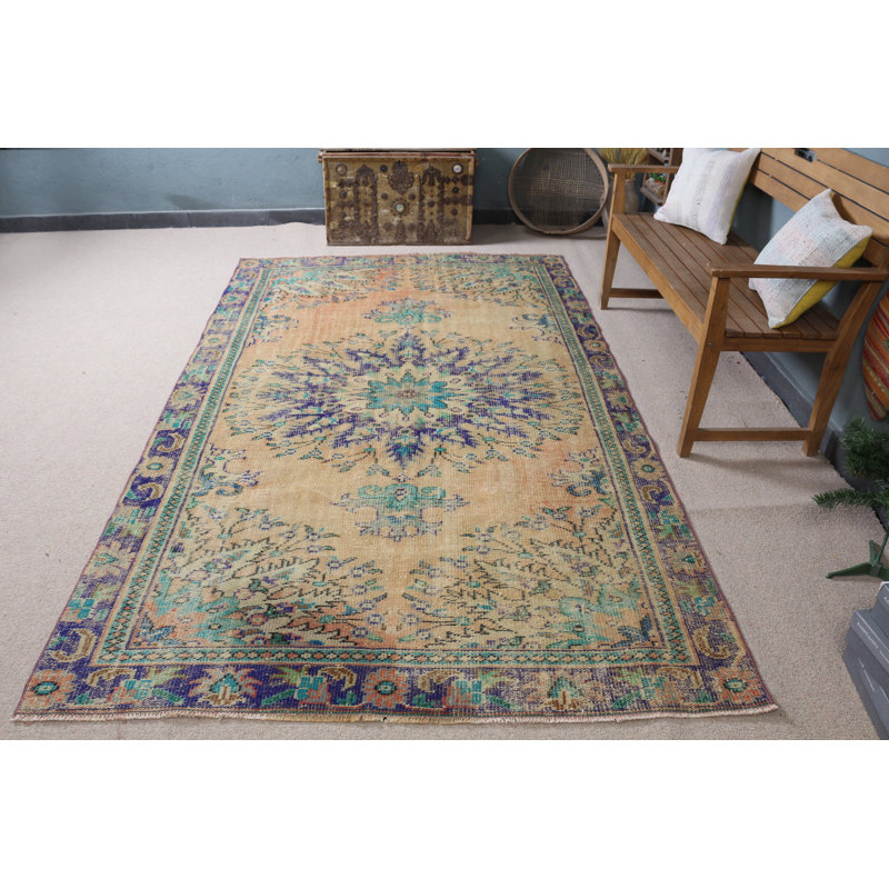 Tapis turc rétro de style Oushak délavé pour la décoration de la chambre à coucher dans une teinte orange vibrante, idéal pour un cadeau