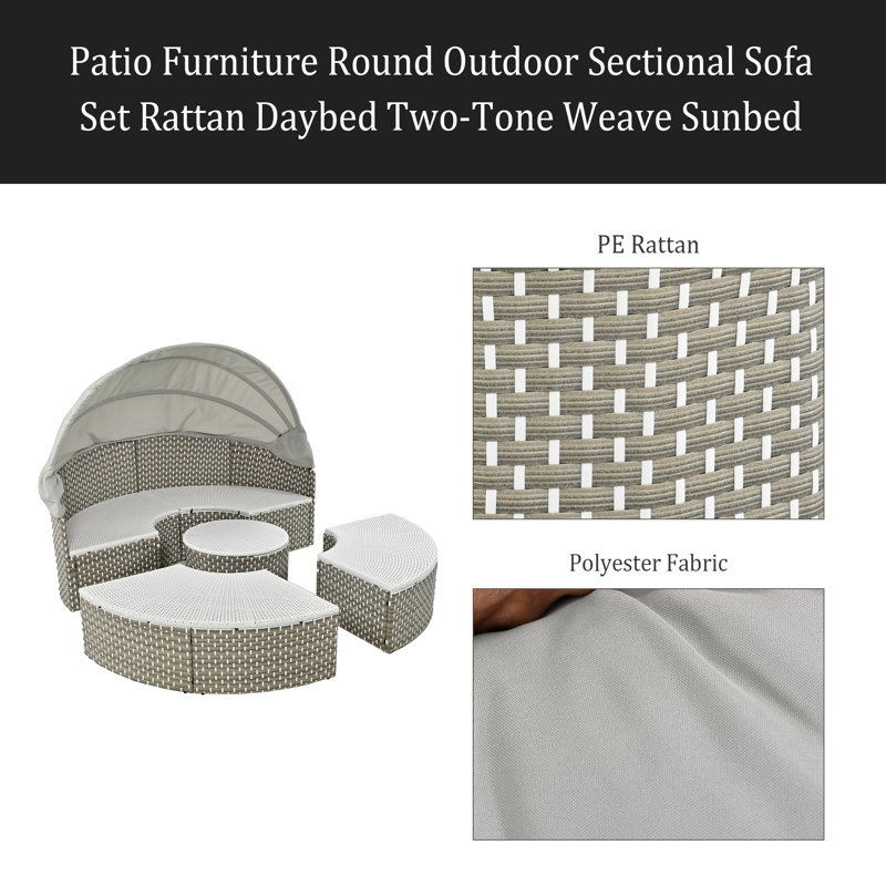 Patio Furniture Round Outdoor Sectional Sofa Set Rattan Daybed Two-Tone Weave Sunbed With Retractable Canopy, Separate Seating And Removable Cushion