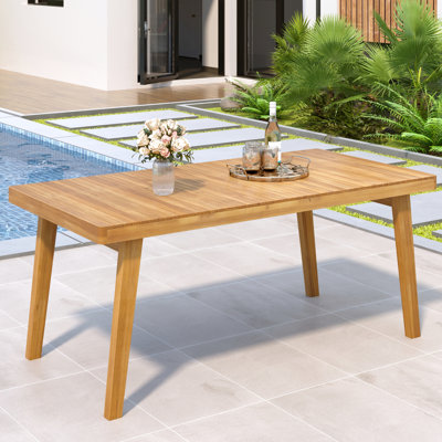 Table de salle à manger d'extérieur en bois, l 69 po x P 34,52 po, H 29,5 po, capacité de 300 lb, plateau à lattes pour surface sèche, table de jardin en bois de couleur naturelle assortie, poids supporté, écoulement d'eau, fêtes parfaites