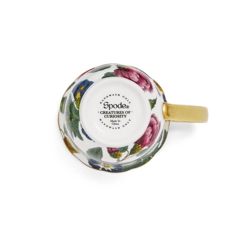 White Floral Ceramic Mug with Gold Handle, 12 Ounce