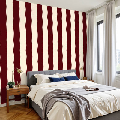 Papier peint adhésif pelez et collez les lignes fluides rouges crème rayées organiques H 100 po x l 144 po papier adhésif amovible en PVC pour chambre à coucher, bureau à domicile
