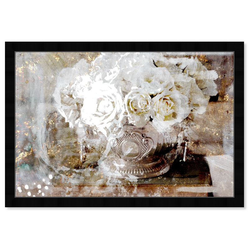 Floral and Botanical Glam Serving Roses Florals - impression d'art graphique, H 32 po x l 47 po, Cadre noir