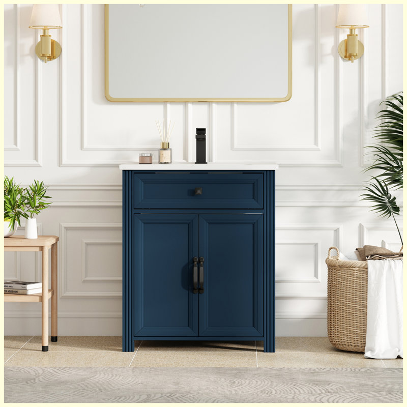 Meuble-lavabo autoportant moderne de 70,6 cm (27,8 po) avec lavabo, finition peinte de style milieu du siècle, armoire de rangement avec tiroir à couvercle rabattable