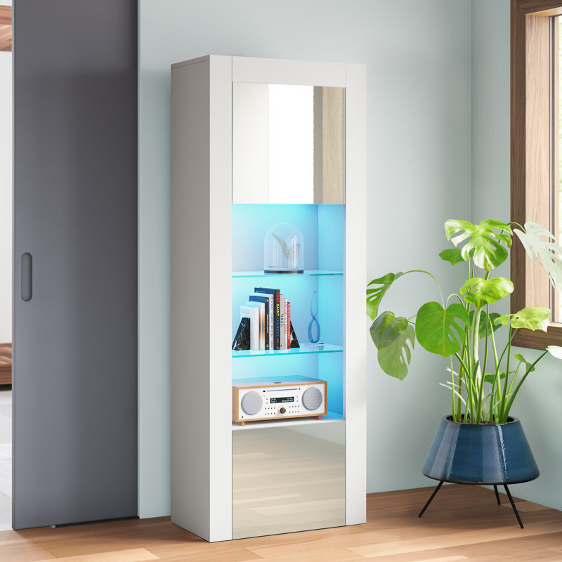 Casey-May 25" Bookcase with LED Lighting, Glass Shelves, Glass Doors, White