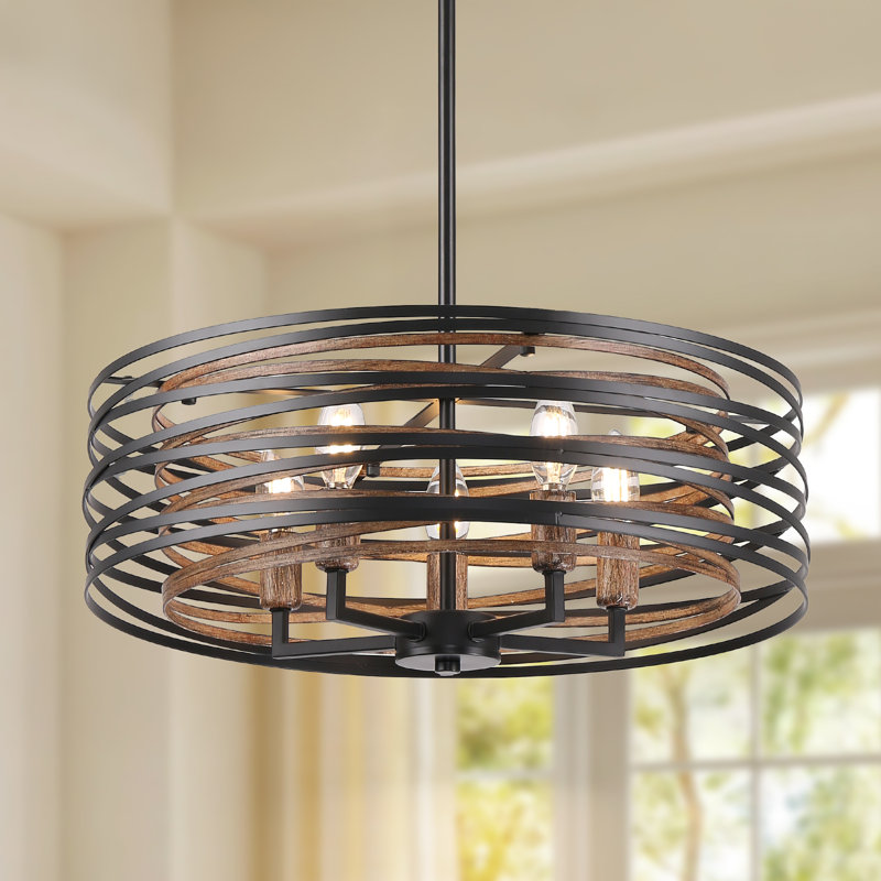 Lustre 20 lumières style ferme 20 po - métal noir et bois rétro