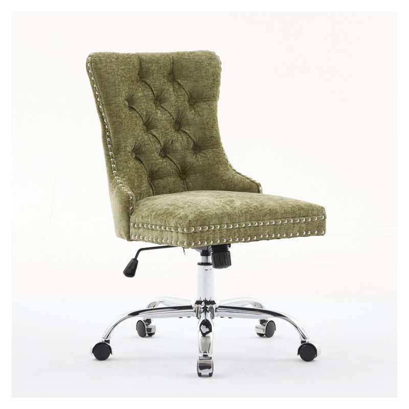 A&A Furniture Modern Chenille Upholstered Tufted Office Chair, Adjustable Swivel Desk Chair with Chrome Metal Base, Green Ergonomic Home Office Chair