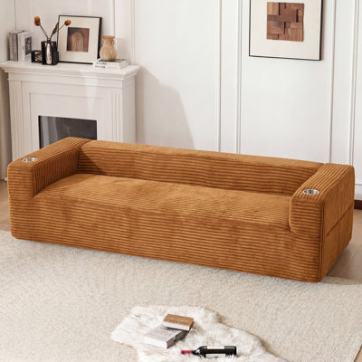 Boneless Modern 92" W Couch Corduroy Compression Sofa with Cup Holders and Storage