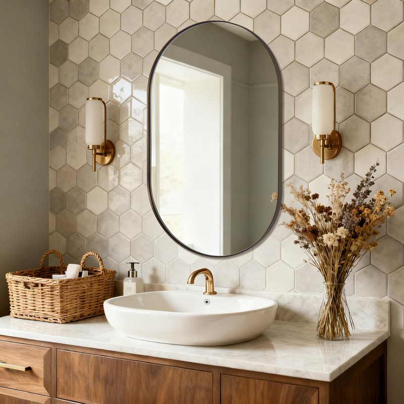 Miroir de salle de bain Kaitlee Cadre en acier inoxydable, Bronze brossé, 36 po x 24 po, Pilule
