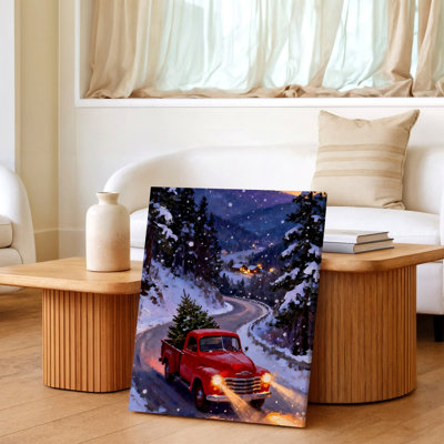 Winter Snow Landscape Red Pickup Truck Christmas Tree Cabin Canvas Wall Art Print, Red Landscape Decorative Artwork for Home Decor, Bedroom, Living Room, Office, Gallery Wall Accent