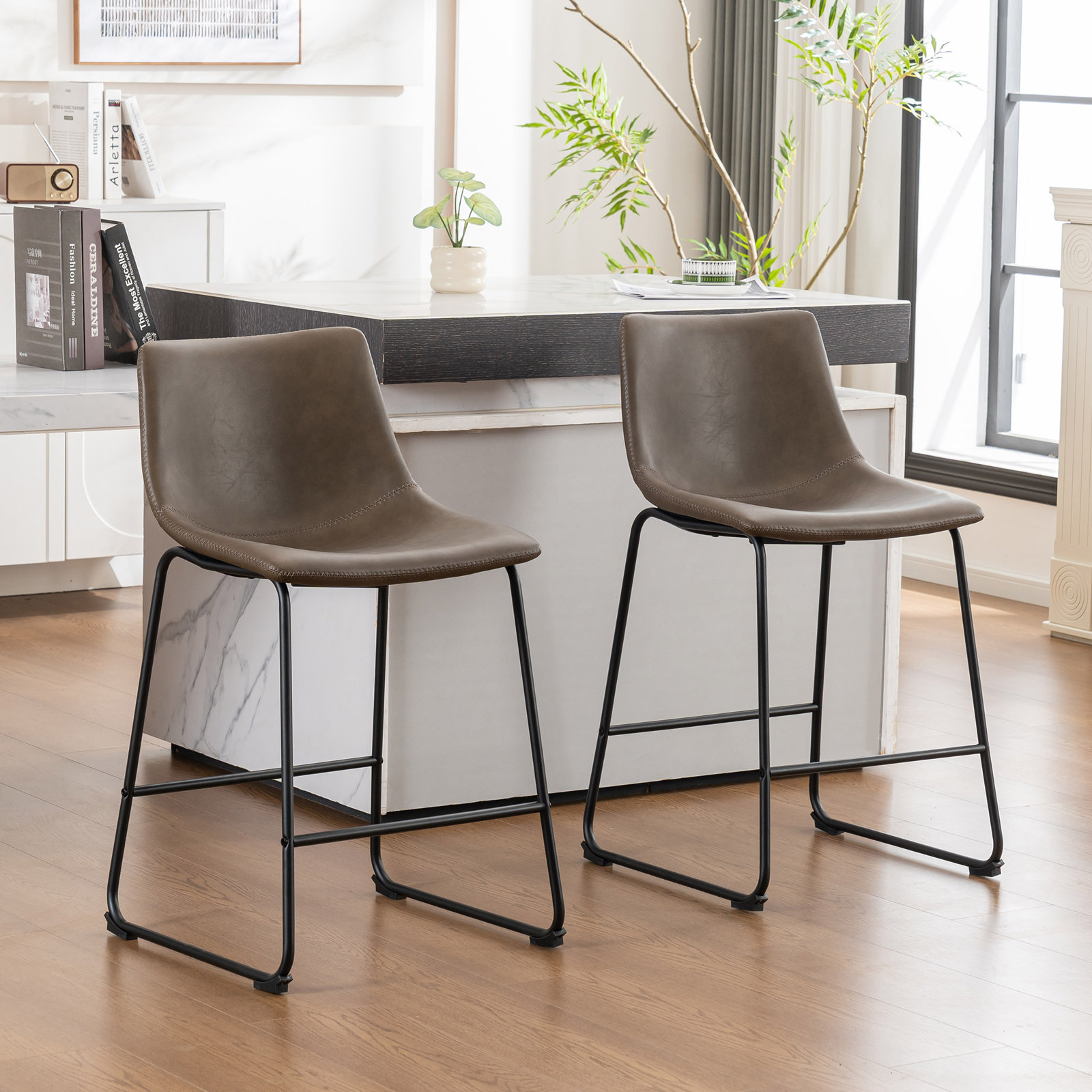 Anke Vegan Leather Armless (Set of 2), Counter Stool (24” Seat Height), Green