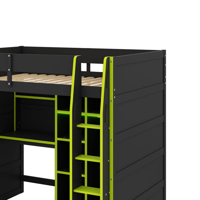 Lit mezzanine en bois pleine grandeur avec bureau, garde-robe ouverte et lumières RVB, Vert