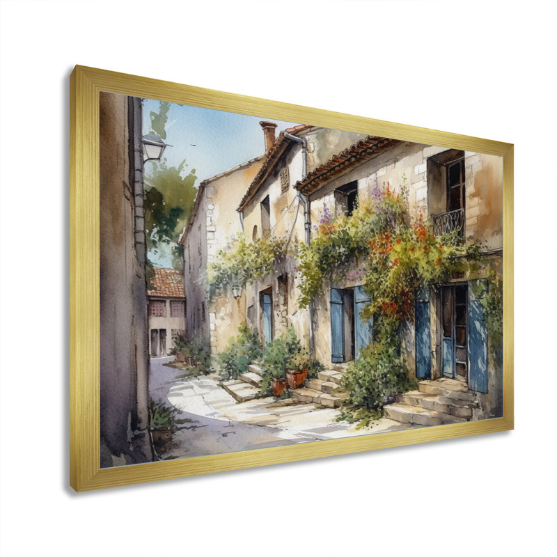 Riata, village méditerranéen, rue V - Paysage, art mural chalet, Cadre doré, H 30 po x l 40 po x P 1,5 po