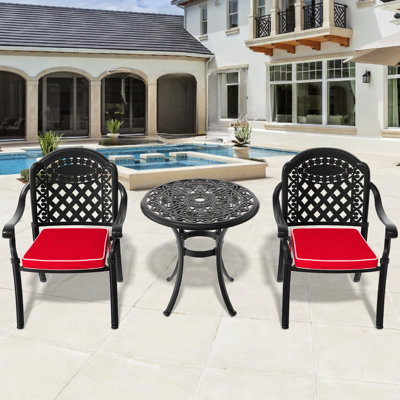 Patio 3 en aluminium coulé Andromeda, cadre noir, coussins de couleur aléatoire pour la piscine, chaises empilables, table d'extérieur ronde avec parasol 3 meubles, noir, temps agréable,