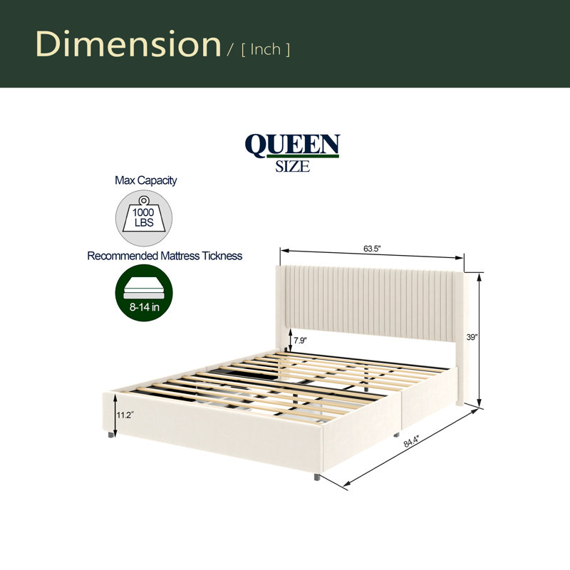 Lit plateforme tapissier à oreilles ivoire en velours, tête de lit de conception moderne avec canal serré, support de matelas à lattes en bois sans sommier tapissier
