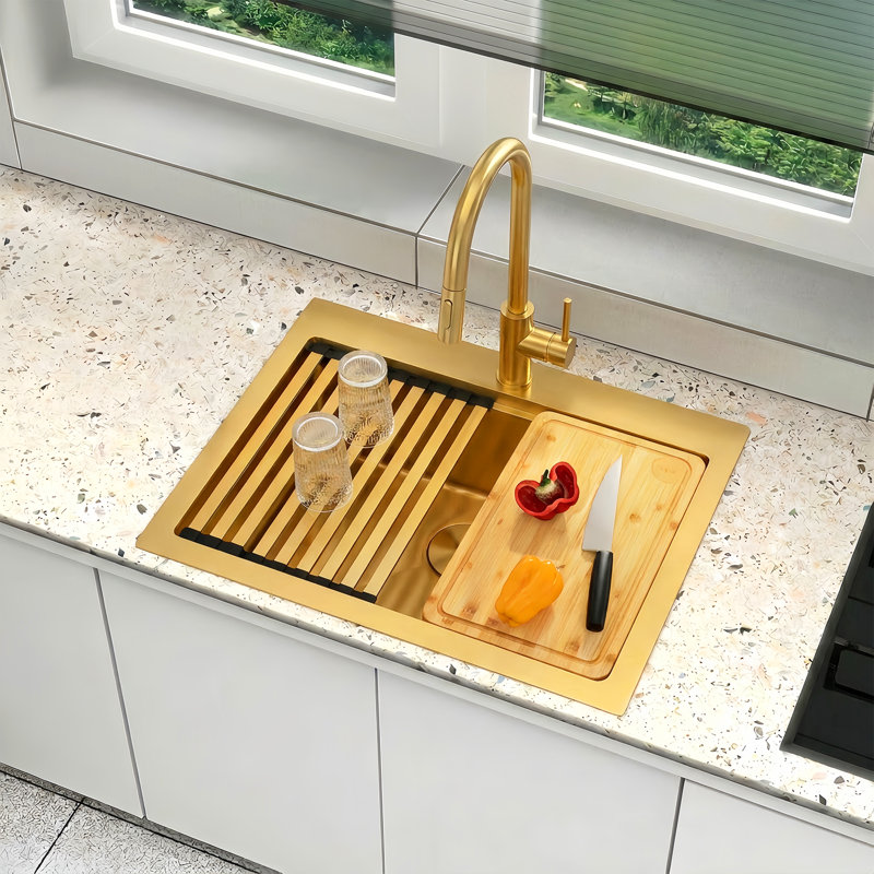  Évier de cuisine à montage sur plan 28 po x l 22 po encastré en acier inoxydable or de calibre 16 avec accessoires, Doré