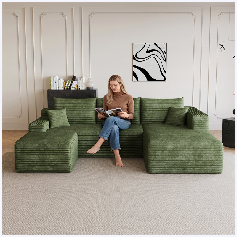 Canapé modulaire en velours côtelé vert 95 po avec 1 repose-pieds, canapé en forme de U moderne, aucun assemblage requis