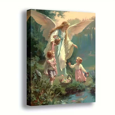 18*12，2D Flat, 1pc Angelic Guidance Ethereal Scene with Guardian Angel & Children Wooden Frame Canvas Art - Serene Nature Wall Decor for Home.