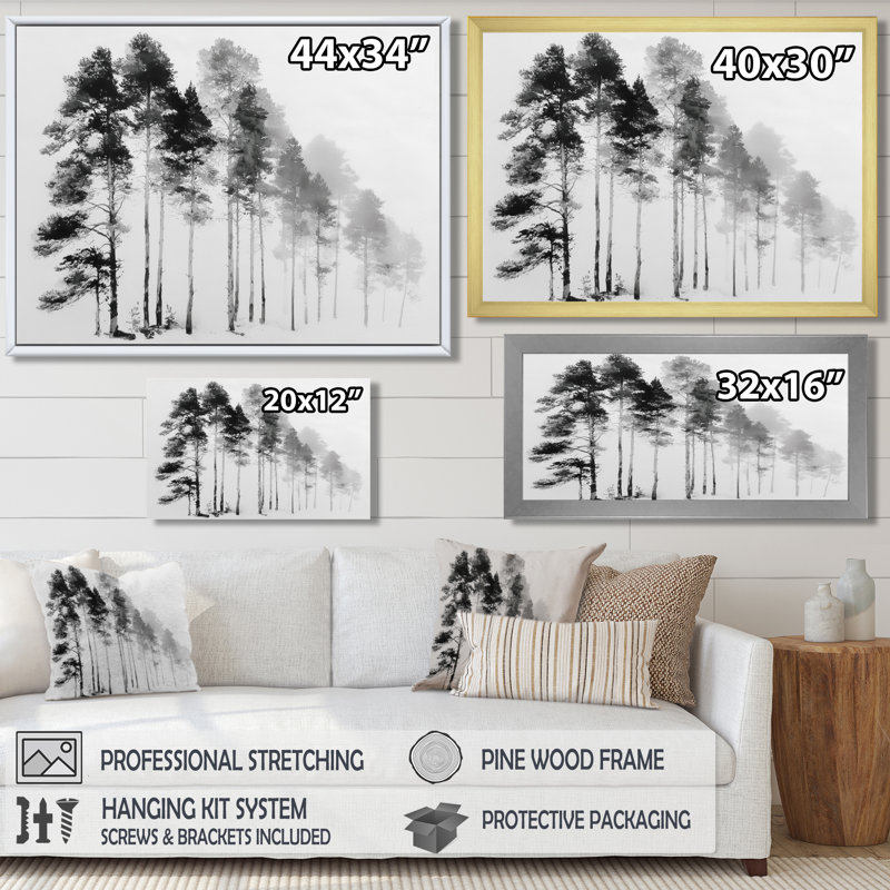 «Black and White Tall Pine Tree Forest», reproduction d'art sur toile, H 28 po x l 60 po, Cadre flottant, Noir