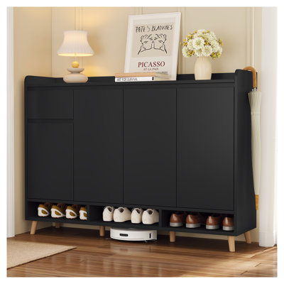 ON-TREND Black Shoe Storage Cabinet with Adjustable Shelves, Modern Entryway Organizer & Sideboard Console with Solid Wood Legs