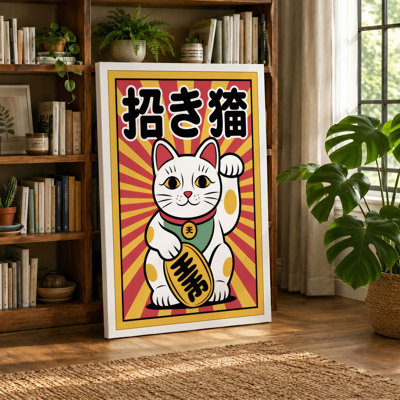 Beckoning Cat Gold Japandi 1 Piece Wrapped Canvas Wall Art