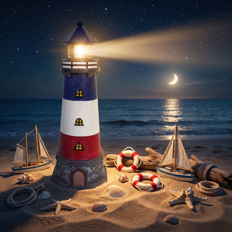 Statue de phare solaire en résine de 32,5 cm de haut avec accents bleus et lumière DEL, Bleu