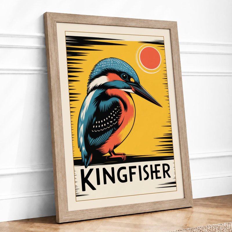 Kingfisher Sun Art Deco - Framed Print, A2 - 59.4 x 42.0 cm, Oak