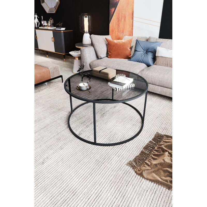 Table basse ronde en verre trempé fumé Startis, H 18 po x L 32 po x l 32 po, Gris, Noir