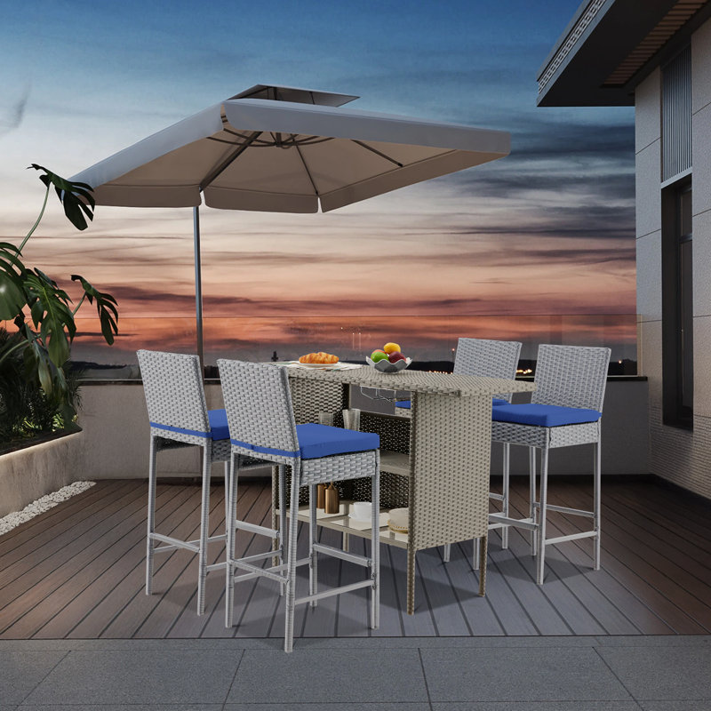 Wicker Bar Set with 4 Stools & Outdoor Bar Table, Gray/Navy