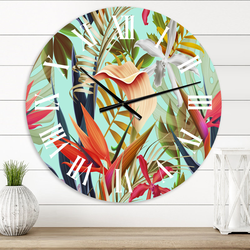 Fleurs tropicales VIntage II - Horloge murale tropicale, Surdimensionné, Orange