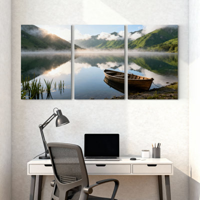 Scénario et paysages urbains, lac serein, matin, bateau, réflexion, montagnes, brume, ensemble de 3 impressions sur toile