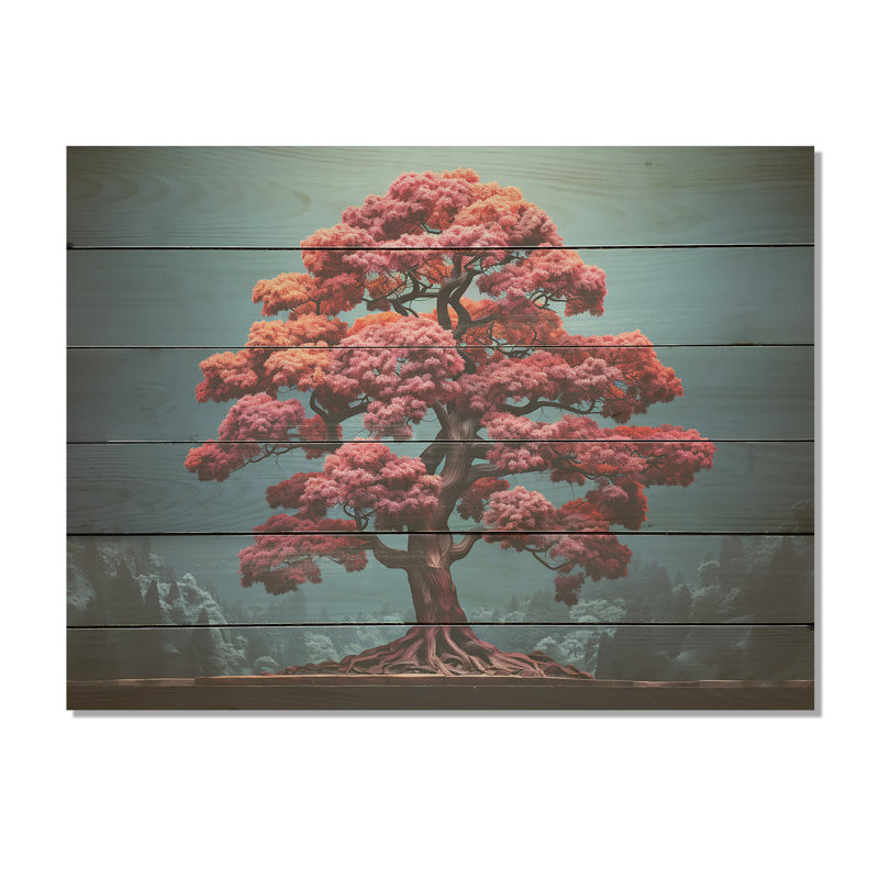 «Mystic Pink Trees In Amethyst Landscape», art mural panneau de bois de séquoia sur bois de pin naturel, H 24 po x l 32 po
