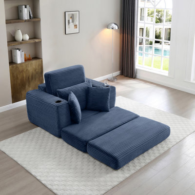52.4'' Boneless Chaise Lounge Chair Indoor-Oversized Cloud-Like Cozy Comfy Modular 3-In-1 Sofa Bed For Reading, Living Room & Bedroom Corduroy Couch Sleeper,Blue