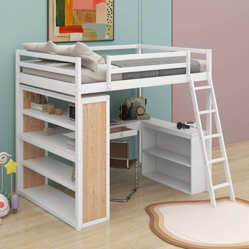 Lit mezzanine double avec tablettes et bureau, Blanc