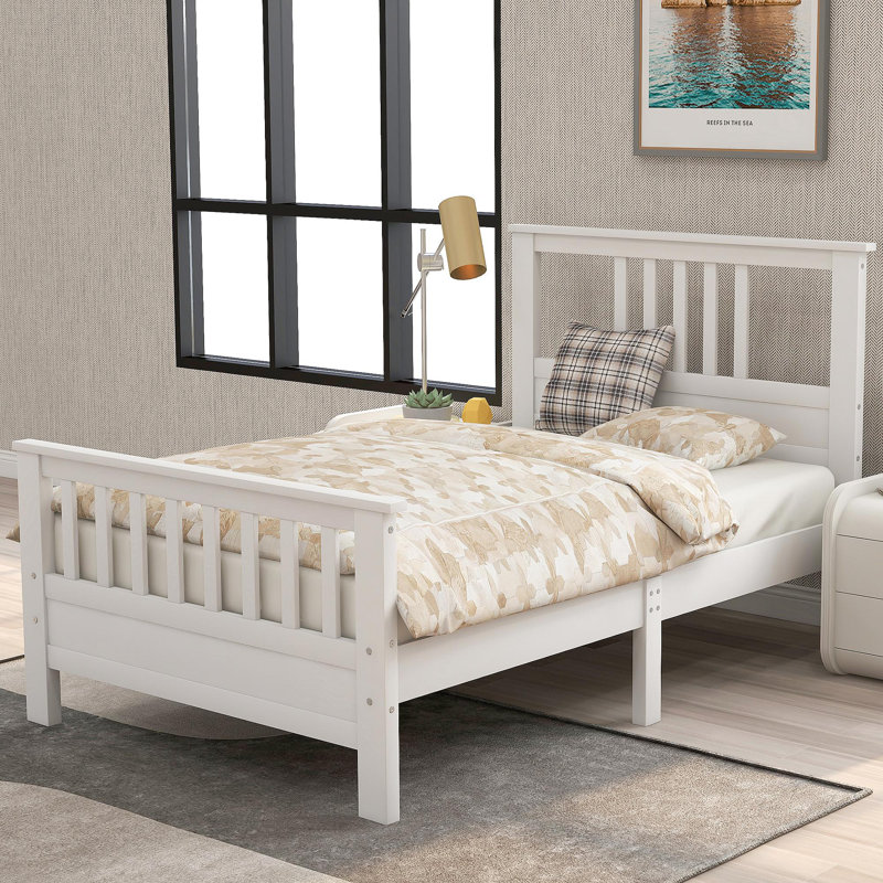 Lit plateforme en bois avec tête et pied de lit simple (blanc), Simple