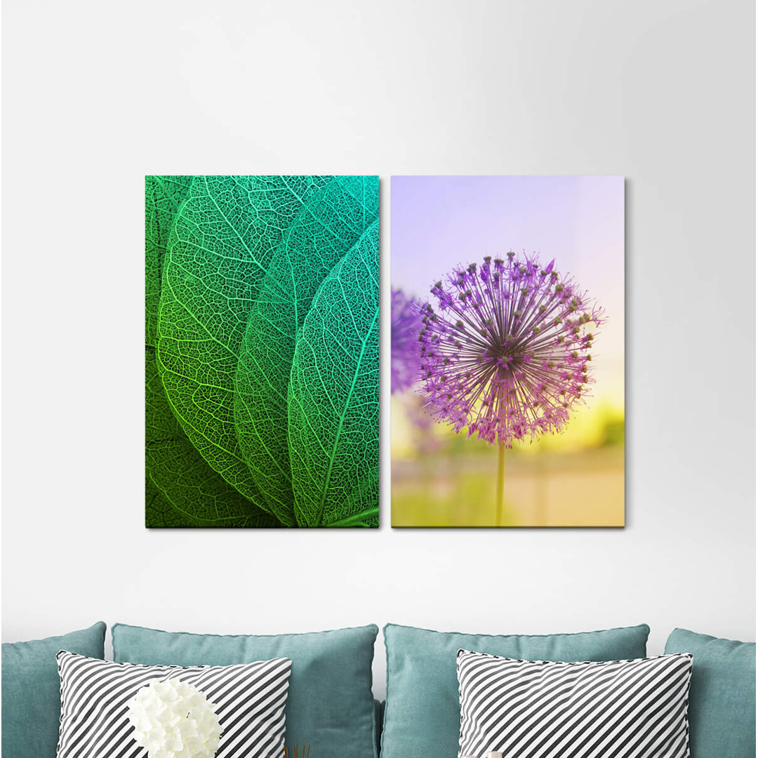 2-tlg. Leinwandbilder-Set - Grafikdruck „Leaves Leaf Veins Green Plant Blowball Summer”