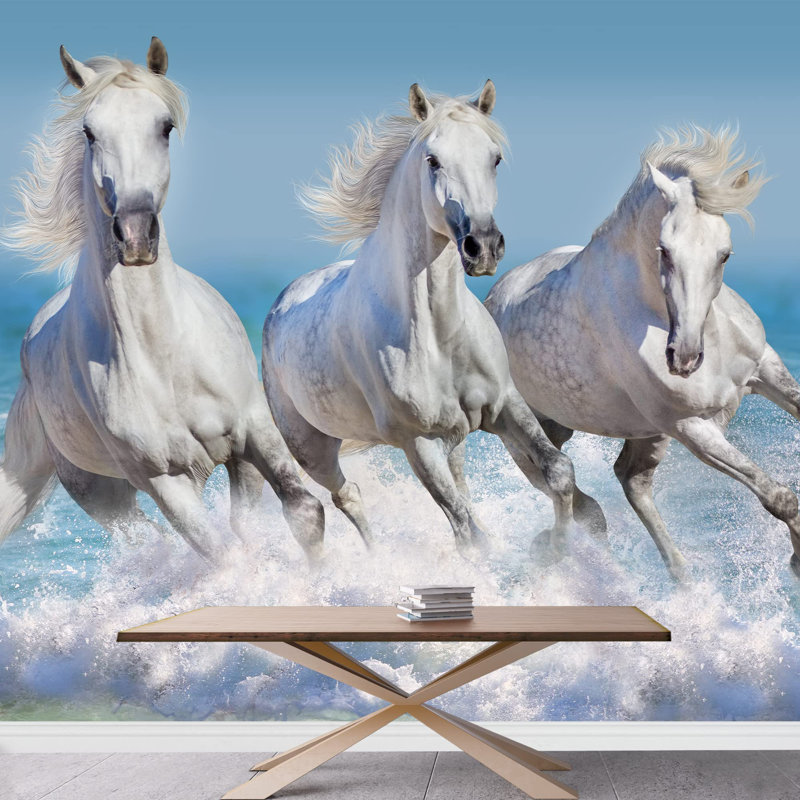Grand papier peint auto-adhésif Horse Herd Run Galop in Waves in The Ocean, L 66 po x l 96 po