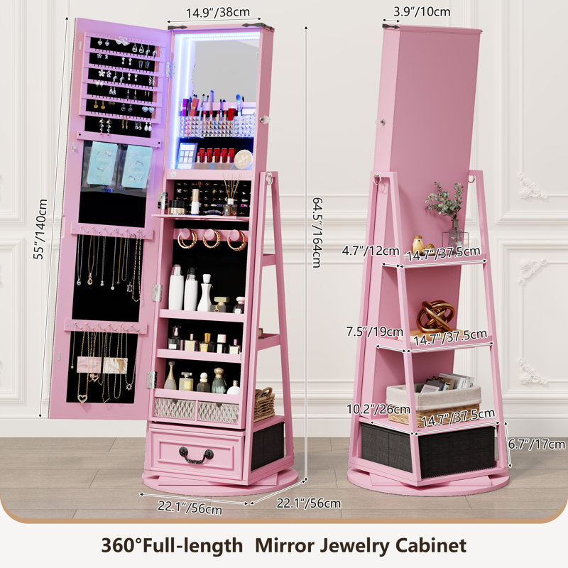 21.1'' Wide Jewelry Armoire With Mirror, Pink