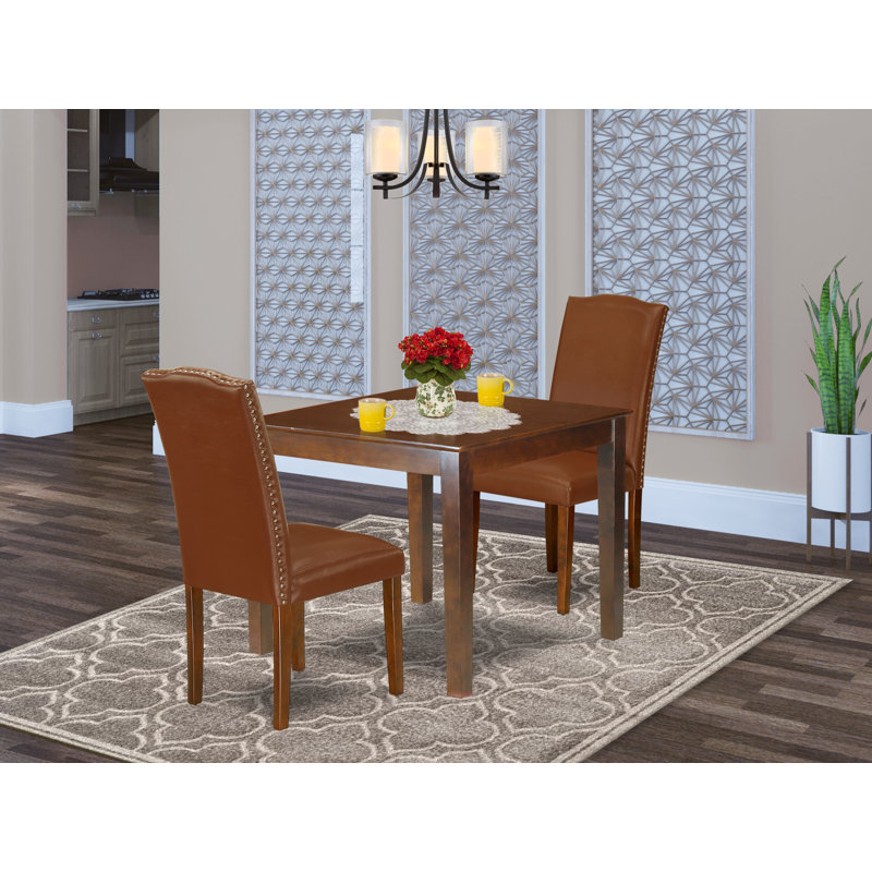 3 Piece Kitchen Table Set for Small Spaces Contains a Square Dining Room Table and 2 Brown Faux Leather Chairs, Mahogany, 3