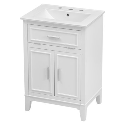 Élégant meuble-lavabo blanc de 24 po avec lavabo, bois massif et panneau de fibres à densité moyenne, avec un tiroir rabattable et des portes à fermeture en douceur