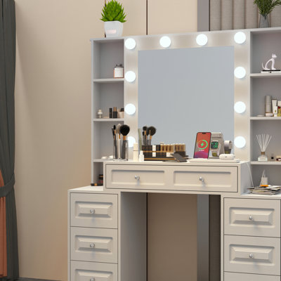 Vanity Desk with with Mirror And Lights, Makeup Vanity Table Wwith Lighted Mirror & Charging Station, Vanity Desk Dresser