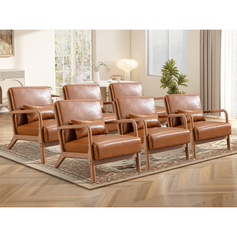 Lyon 25.78" Wide Mid Century Faux Leather Accent Chair with an Extra Pillow(Set of 6), Camel Faux Leather