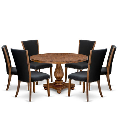 7 Piece Dining Set for 6 Consists of a 54" Round Table with Pedestal and 6 Black Linen Fabric Fabric Parson Chairs, Antique Walnut