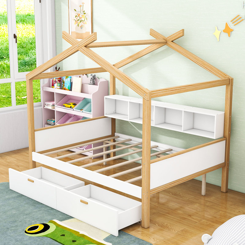 Lit en forme de maison avec tiroirs et étagères de rangement intégrés, Double
