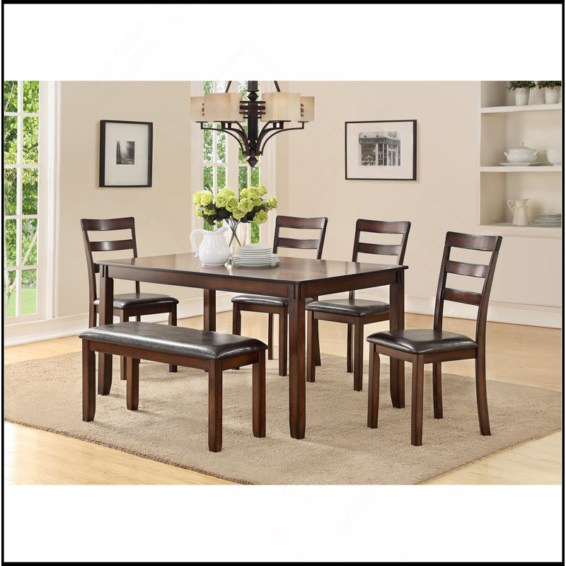 6 pièces-Ensemble de salle à manger de style classique, table rectangulaire, 4 chaises d'appoint et banc, meubles de salle à manger, panneau de fibres à densité moyenne, bois d'hévéa