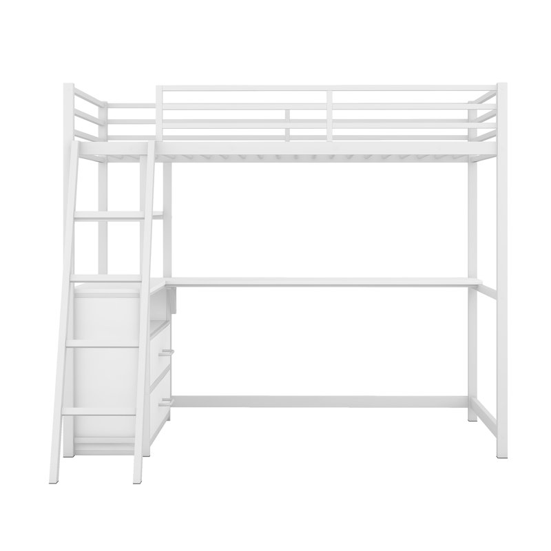 Lit mezzanine en métal et bois avec bureau et tablettes, deux tiroirs intégrés