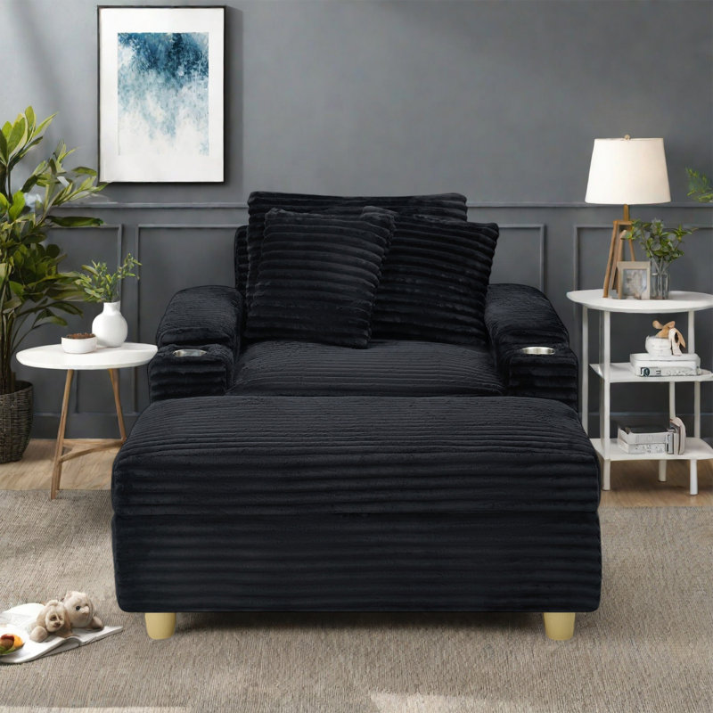 Corduroy Single Sofa With One Pillow, Two Throw Pillows, A Footstool And Two Storage Spaces., Black